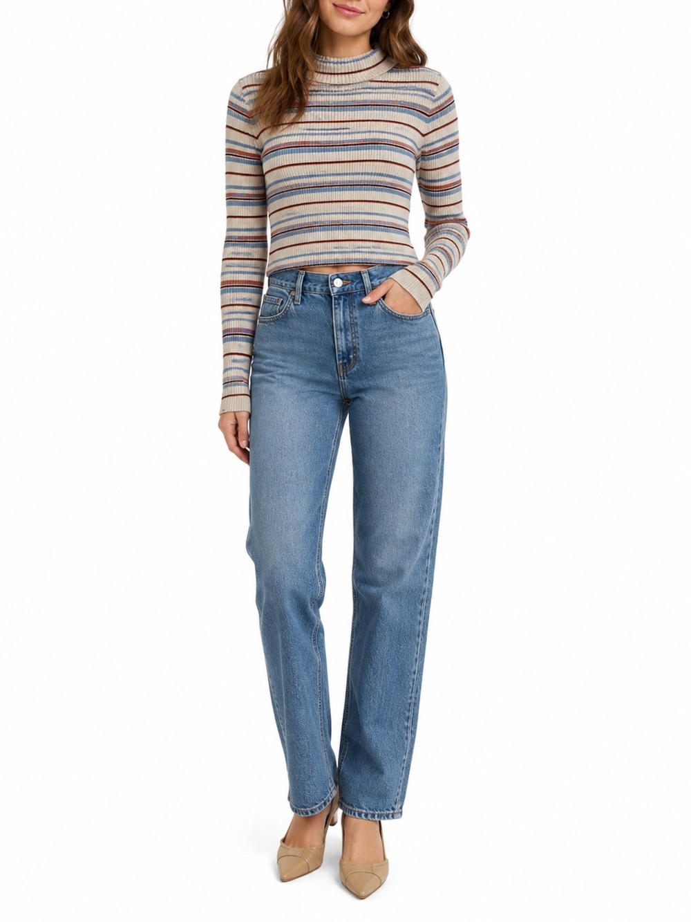 Nordstrom Pink Republic Size Medium Striped Ribbed Long-Sleeve Shirt